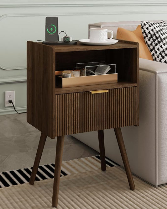 Veegle Nightstand,Modern Bedside Table with Storage Drawer and Open Wood Shelf, Accent Night Stand with Solid Wood Legs for Living Room, Bedroom and Small Spaces,Easy Assembly (Walnut Brown-Outlet)