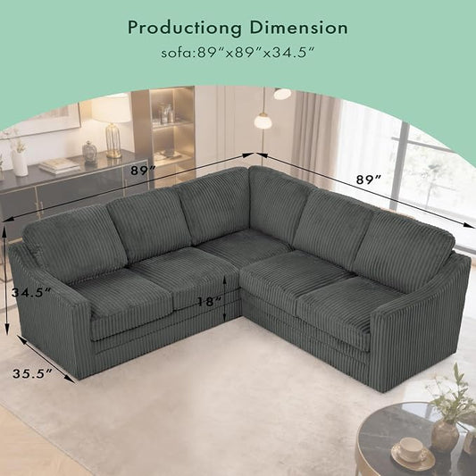 89 Inches Corduroy Sectional Sofa with High Density Sponge, Modern 5 Seats Corner Couch with Deep Seat, Comfy Modular L Shaped Couch with Comfortable Back Cushions for Living Room, Grey