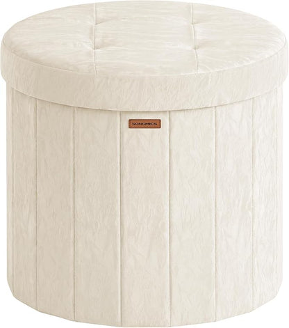 SONGMICS Mazie Collection - Round Storage Ottoman, Folding Footrest Stool with Removable Lid, Easy Assembly, PU Leather Vanity Stool for Bedroom, Living Room, Entryway, Cream White ULSF609WD01