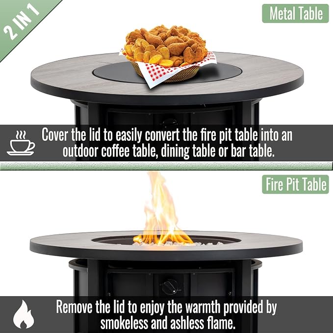30" Propane Gas Fire Pit Table, 50000 BTU Round Outdoor Fire Pit with Wood Grain Ceramic Tabletop, Steel Patio Fire Table with Lid & Rain Cover for Backyard Deck Garden, Black