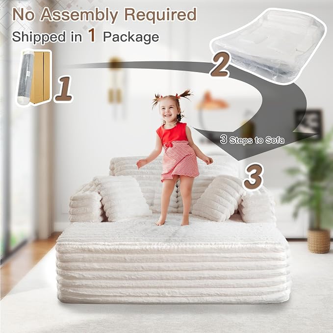 JEEOHEY 56" Oversized Chaise Lounge Chair Indoor,Plush Faux Fur Sleeper Sofa Couch Bed with Pillows&Wide Armrests,Fluffy Comfy Cloud Couch,Compression Foam Couch for Living Room,Bedroom(Beige)