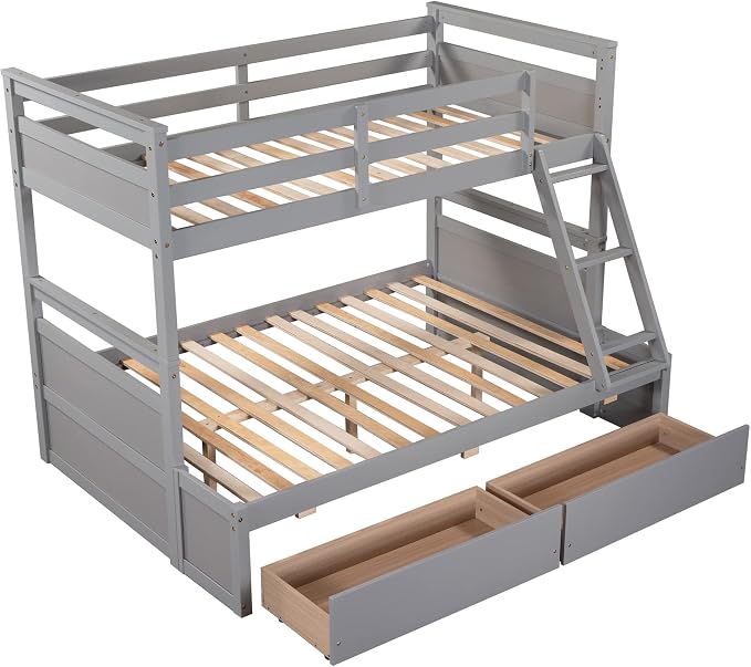 Twin Over Full Bunk Beds with 2 Under Bed Storage Drawers, Stronger & More Stable Bunkbed, Gray