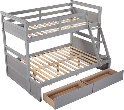 Twin Over Full Bunk Beds with 2 Under Bed Storage Drawers, Stronger & More Stable Bunkbed, Gray