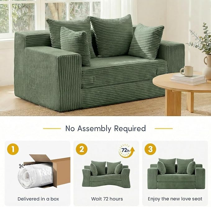 cidludto Convertible Sofa Bed, Boneless Couch 2 in 1 Loveseat Folding Couch Bed Foldable, Chair Bed & Futon Sofa Bed, Small Corduroy Pull Out Sofa with 4 Pillows for Living Room, Green