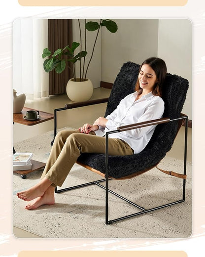 Karl home Modern Metal Frame Accent Chair, Black | Plush Fleece Upholstered, Wood Padded Armrest, 28" Seat Width, Comfy Lounge Armchair for Living Room, Bedroom, Apartment