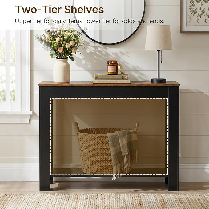 YATINEY Farmhouse Console Table, 39.4'' Small Narrow Entryway Table, Wood Couch Table Behind Sofa with Storage Shelf, Slim Farmhouse Hallway Table for Hallway, Foyer, Black and Rustic Brown CT34BR