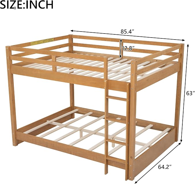 Merax Queen Size Bunk Bed - Solid Pine & MDF Frame, Heavy Duty 600lb Capacity, Space Saving Design with Safety Guard Rails & Ladder, No Box Spring Needed,Wood Color