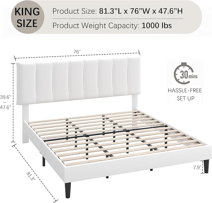 VECELO King Size Bed Frame with Upholstered Headboard, Heavy-Duty Bedframe with Strong Wooden Slats Support, No Boxing Spring Needed, Pure White