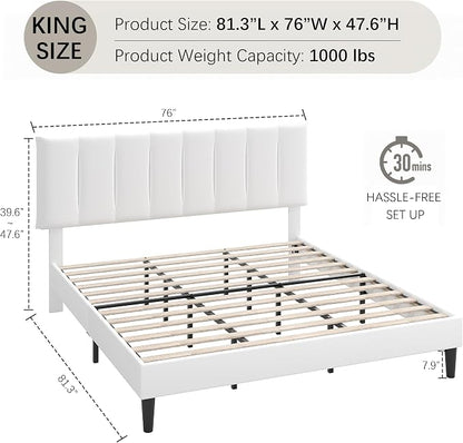 VECELO King Size Bed Frame with Upholstered Headboard, Heavy-Duty Bedframe with Strong Wooden Slats Support, No Boxing Spring Needed, Pure White