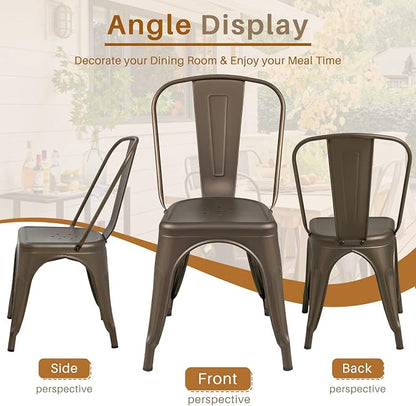 Furmax Metal Dining Chair Indoor Outdoor Use Stackable Classic Trattoria Chair Chic Dining Bistro Cafe Side Metal Chairs Set of 4 (Gun)