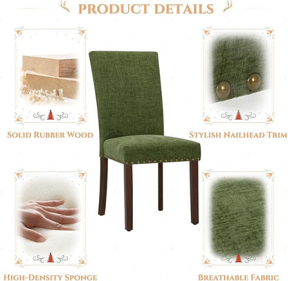 Parsons Dining Chairs Set of 4, Upholstered Nailhead Dining Room Kitchen Side Chair with Thick Cushions and Wood Legs, Green