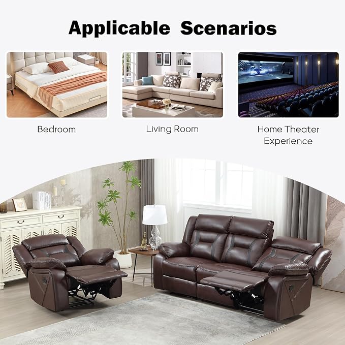EBELLO Faux Leather Recliner Sofa Furniture Set for Living Room, 2 Recliner Chairs, 3 Seat Recliniing Sofa Couch Set for Meeting Room, Dark Brown