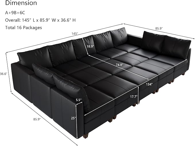 EASE MOOSE Faux Leather Modualr Sectional Couch with Storage,Black Faux Leather Modualr Sofa Couch