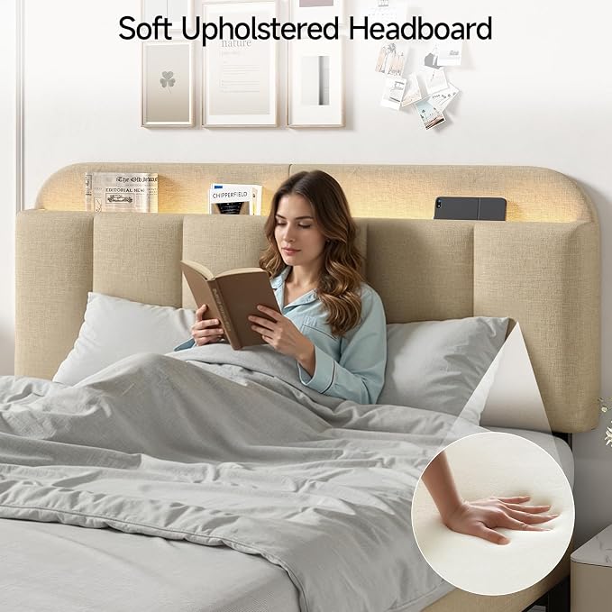 Queen Size Adjustable Headboard, Upholstered Headboard with Storage, APP Controlled LED Light, Padded Head Board Only, Sturdy Metal Foot Frame, Vertical Channel Design for Bedroom, Beige