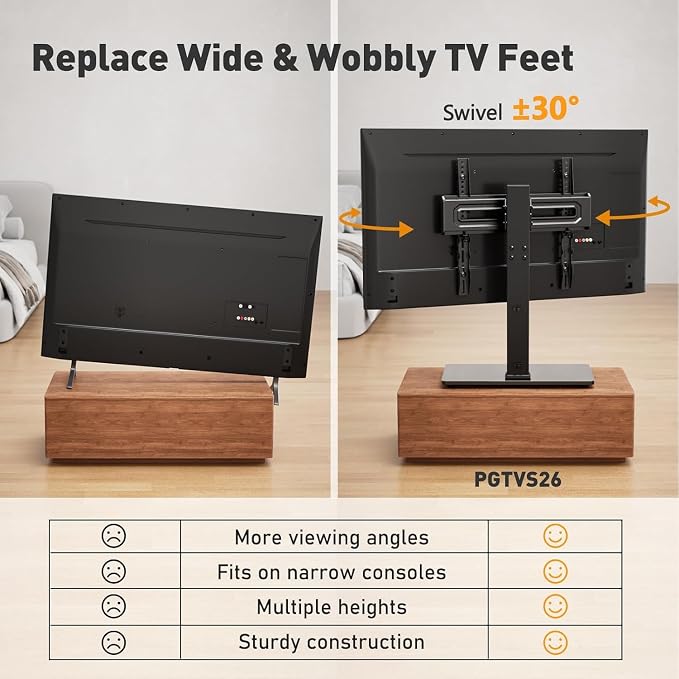 Perlegear Universal Swivel TV Stand Base for 32–70 inch TVs, Height Adjustable Table Top TV Stand Mount with Tilt, Tempered Glass Base, Holds up to 88 lbs