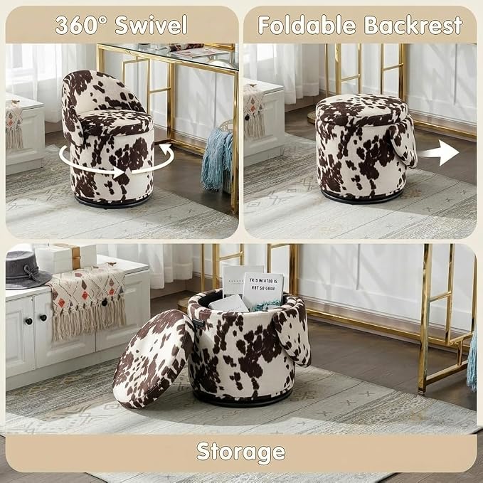 LukeAlon Linen Makeup Ottoman with Storage, Upholstered 360° Swivel Vanity Stool with Foldable Backrest Modern Cylindrical Footrest Stool for Living Room Bedroom, Cow Print