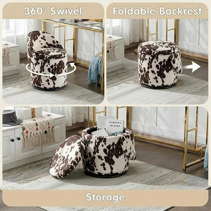 LukeAlon Linen Makeup Ottoman with Storage, Upholstered 360° Swivel Vanity Stool with Foldable Backrest Modern Cylindrical Footrest Stool for Living Room Bedroom, Cow Print