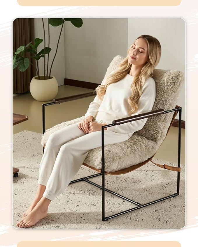 Karl home Modern Metal Frame Accent Chair, Khaki | Plush Fleece Upholstered, Wood Padded Armrest, 28" Seat Width, Comfy Lounge Armchair for Living Room, Bedroom, Apartment