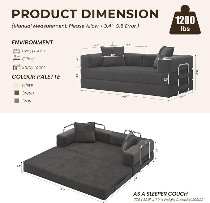 GRUSIGN 78 Inch Convertible Sofa Bed, 5-in-1 Futon Sofa Bed Pull Out Couch, Boneless Couch Bed for Living Room, Corduroy Boneless Couches for Bedroom, Apartment, No Assembly Sleeper Sofa Bed, Gray