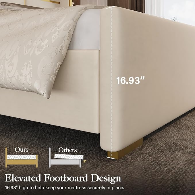 King Size Bed Frame with 55.12" Tall Headboard, Modern Luxury Velvet Upholstered Platform Bed with Gold Trim, Wide Wingback Design, Noise-Free, Easy Assembly, No Box Spring Needed, Beige