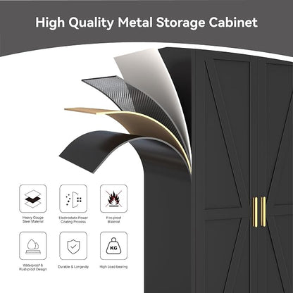 Metal Wardrobe Closet with Doors and Shelves, 71" Farmhouse Bedroom Armoire with Hanger Rod and Clothing Shelf, Black Metal Closet Cabinet for Garage, Office, Laundry Room