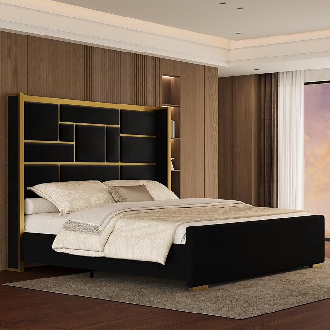 Queen Bed Frame with 55.12" Tall Headboard, Modern Luxury Velvet Upholstered Platform Bed with Gold Trim, Wide Wingback Design, Noise-Free, Easy Assembly, No Box Spring Needed, Black