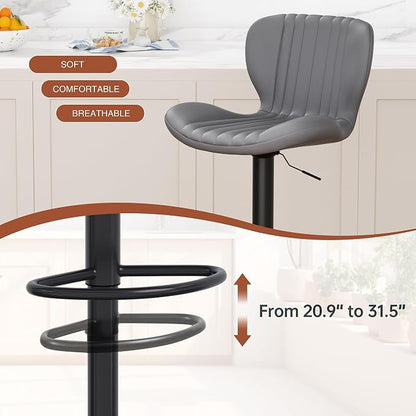 JAMFLY Bar Stools Set of 2, Leather Adjustable Barstools Counter Height Modern Bar Stools, Island Chairs Set of 2 for Kitchen, Grey