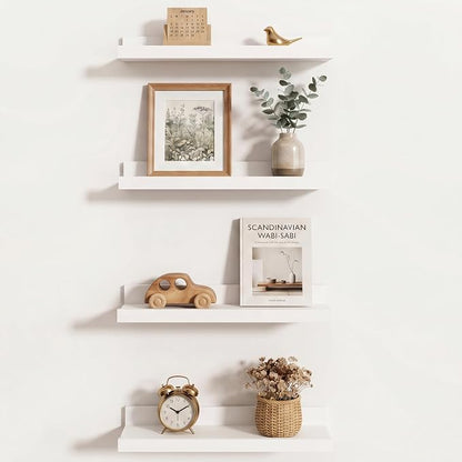 Axeman White Picture Ledge Shelf Set of 4, 16'' Floating Shelves with Lip | Rustic White Wood Wall Shelves with Ledge for Photos Nursery Books Records Artworks Decors