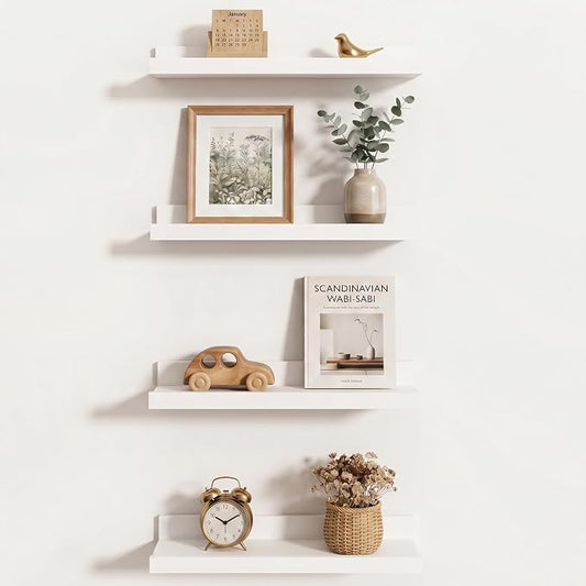 Axeman White Picture Ledge Shelf Set of 4, 16'' Floating Shelves with Lip | Rustic White Wood Wall Shelves with Ledge for Photos Nursery Books Records Artworks Decors