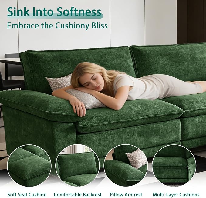 Modern L Shaped Sofa Couches for Living Room, Modular Sectional Cloud Couch with Movable Ottoman, Comfy Chenille Sofa for Apartment and Small Space, Green