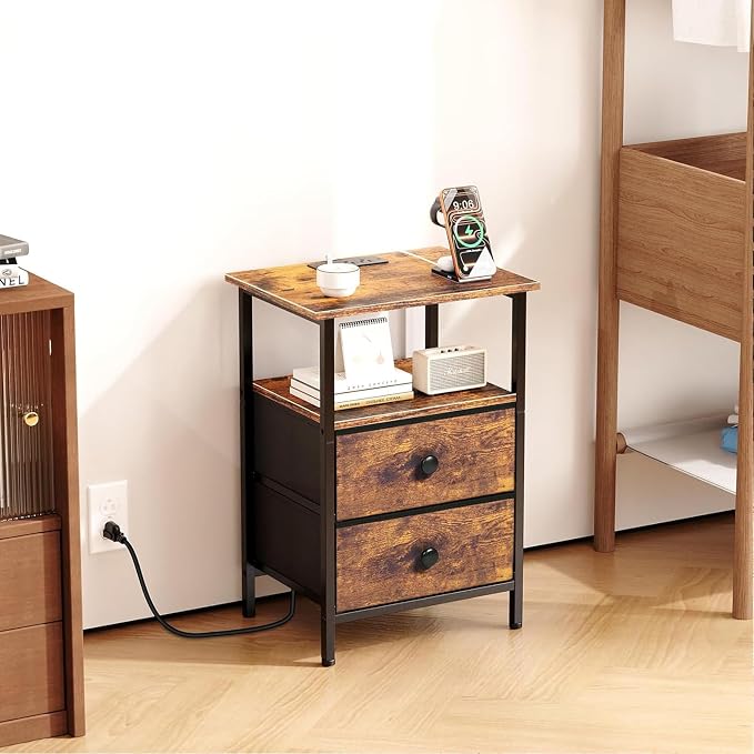 Nightstand with Charging Station, Bedside End Table with 2 Fabric Drawers for Bedroom, Side Table with USB Ports and Outlets, Rustic Brown