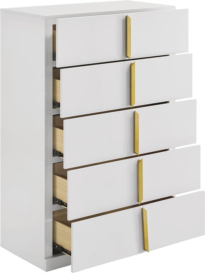 Coaster Home Furnishings - INES - Wood - 5-Drawer Chest with Vertical Gold Pulls, English Dovetail Joinery and Contemporary Design - Bedroom - White High Gloss - 223095