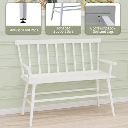 APRTAT Bamboo Entryway Bench, Dining Bench with Spindle Back (White) | Natural Bamboo & H-Shaped Support, Spindle Back, Ideal for entryways, bedrooms, outdoor settings, Easy Assembly & Clean