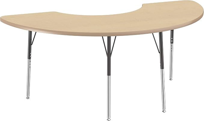 FDP Half Moon Activity School and Office Table (36 x 72 inch), Standard Legs with Swivel Glides for Collaborative Seating Environments, Adjustable Height 19-30 inches - Maple Top and Maple Edge