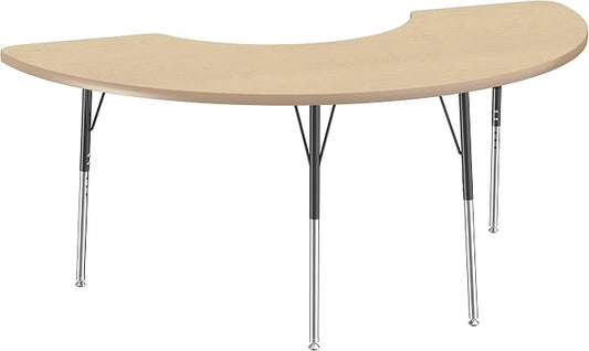 FDP Half Moon Activity School and Office Table (36 x 72 inch), Standard Legs with Swivel Glides for Collaborative Seating Environments, Adjustable Height 19-30 inches - Maple Top and Maple Edge