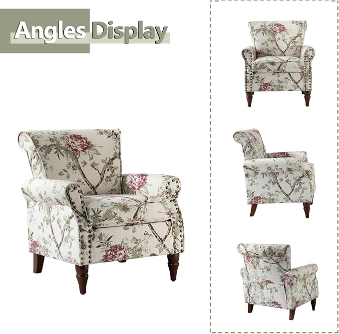 HULALA HOME Modern Wingback Accent Chairs Set of 2 with Wood Legs & Removable Cushion, Comfy Upholstered Armchairs with Nailhead Trim, Floral Pattern Single Sofa Chairs for Living Room Bedroom, Floral