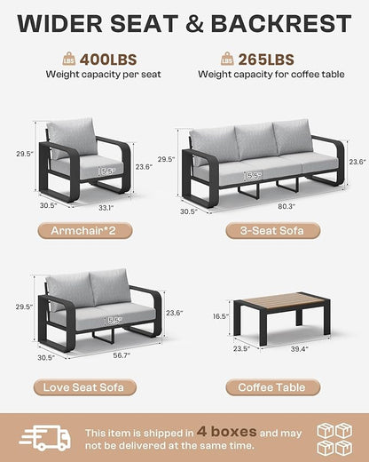 Aluminum Outdoor Sofa Bistro Set, Oversized Patio Conversation Sets Widened Armrest & Ultra-Thick Cushions, Deep Seating Patio Furniture Set for Backyard, Porch, Gray