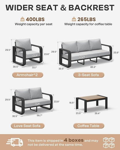 Oversized Aluminum Outdoor Furniture Set, Extra Large Patio Furniture Sofa Set 4.8” Widened Armrest & Ultra-Thick Cushions, 5 Pcs Modern Patio Sectional for Backyard, Porch, Gray