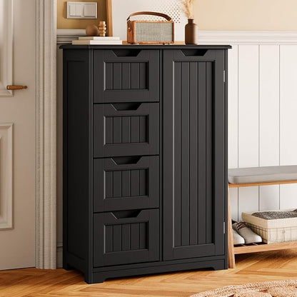 Gizoon Small Kitchen Pantry Storage Cabinet with Door and Shelves, 33'' Kitchen Pantry Cabinet Freestanding Wooden Bathroom Storage Cabinet with 4 Drawers for Kitchen and Dining Room, Black, Painted