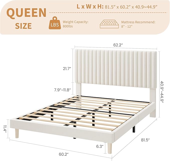 IDEALHOUSE Queen Bed Frame with Adjustable Headboard, Velvet Upholstered Platform Queen Size Bed Frame, Vertical Channel Tufted, Strong Wooden Slats, No Box Spring Needed, Easy Assembly, Beige