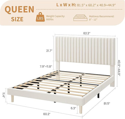 IDEALHOUSE Queen Bed Frame with Adjustable Headboard, Velvet Upholstered Platform Queen Size Bed Frame, Vertical Channel Tufted, Strong Wooden Slats, No Box Spring Needed, Easy Assembly, Beige
