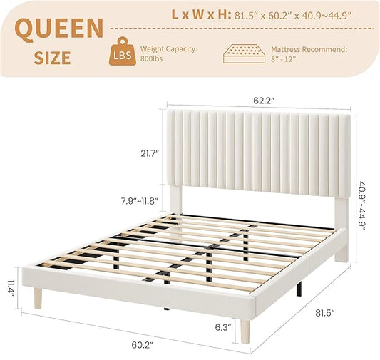 IDEALHOUSE Queen Bed Frame with Adjustable Headboard, Velvet Upholstered Platform Queen Size Bed Frame, Vertical Channel Tufted, Strong Wooden Slats, No Box Spring Needed, Easy Assembly, Beige