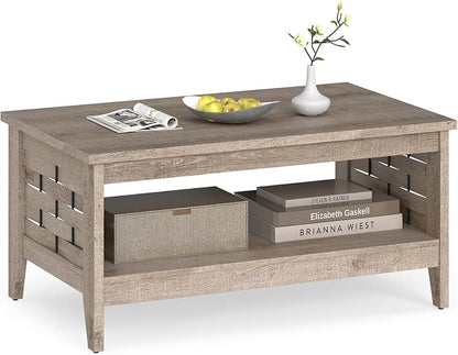 Giantex Farmhouse Coffee Table, 2-Tier Center Table with Storage Open Shelf & Woven Slatted Design, 39.5" Rectangular Accent Cocktail Table, Wood Coffee Tables for Living Room (Rustic Oak)