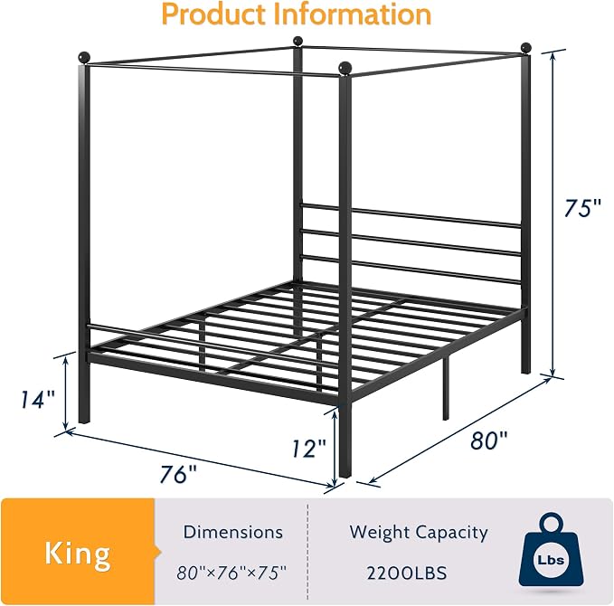 Lutown-Teen King Size Canopy Bed Frame, Four Poster Metal Canopy King Size Bed Frame, Heavy Duty Mattress Foundation with Underbed Storage, No Box Spring Needed, Easy Assembly, Black