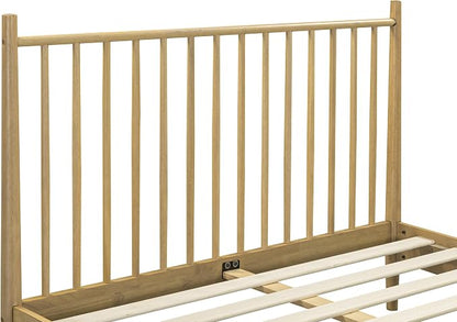 NTC Inno Wooden Bed Frame with Headboard, Solid Oak and Rubber Wood Foundation with Silent Slats and Wood Central Supports, 1000 Lb Capacity, Effortless Assembly, Queen - Sand