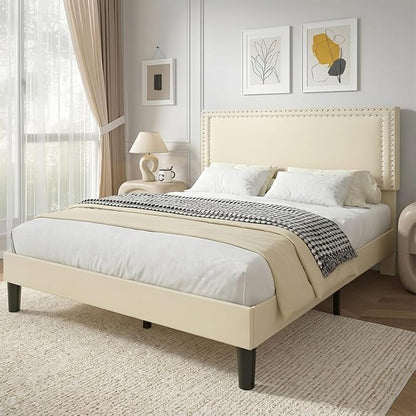 VECELO King Bed Frame with Rivet-Tufted Headboard & Footboard, Upholstered Platform Bed with Wood Slats Support, No Box Spring Needed, Noise-Free, Easy Assembly, Beige