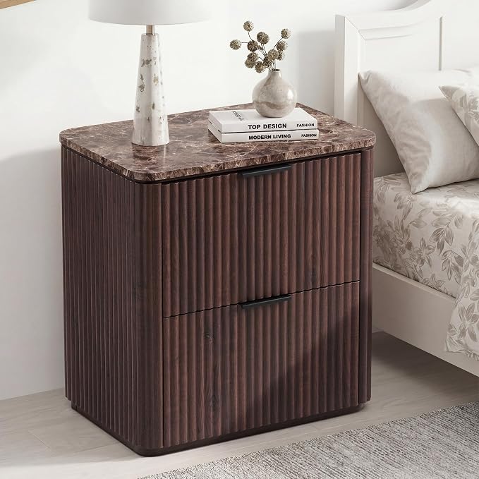 Fluted Nightstand with Faux Marble Top, Modern Bedside Table | FSC-Certified Engineered Wood, 24" H, 2 Drawers, Rounded Corner, Metal Handle, for Bedroom, Dark Oak