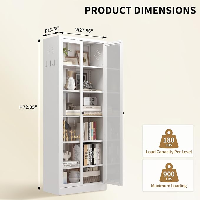 Kitchen Pantry Cabinet, 72" H Storage Cabinet with Glass Doors and Adjustable Shelves, Spacious Cupboard with Round Handles, Metal Kitchen Cabinet for Dining Room, Living Room, White