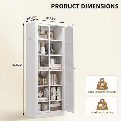 Kitchen Pantry Cabinet, 72" H Storage Cabinet with Glass Doors and Adjustable Shelves, Spacious Cupboard with Round Handles, Metal Kitchen Cabinet for Dining Room, Living Room, White