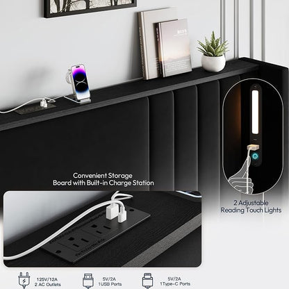 Queen Bed Frame with 55.1" Tall Headboard, Velvet Upholstered Platform Bed with Channel Tufted Wingback, 2 Reading Lights/Storage Shelf/Charging Station/Easy Assembly/Noise-Free, Black
